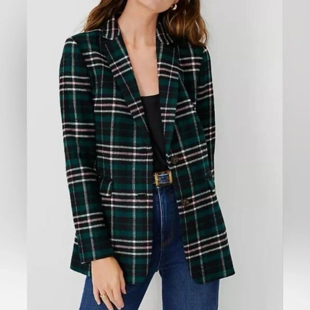 Ann Taylor Greenwich Plaid Blazer Size 8 Green and Pink Plaid